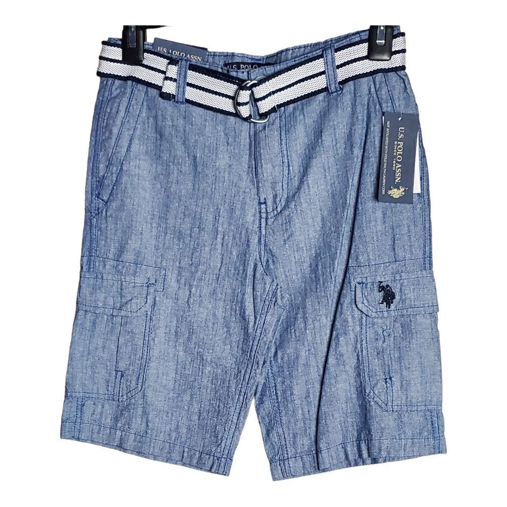 US Polo Assn Shorts Size 12 Boys Cargo Chambray Belt Adjustable Waist Blue New